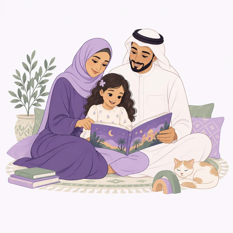 عائلة تتشارك قراءة كتاب في لحظة هادئة